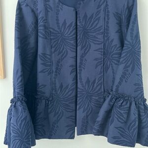 Lilly Pulitzer Navy Textured Palm Bell Sleeve Open Front Jacket Small EUC